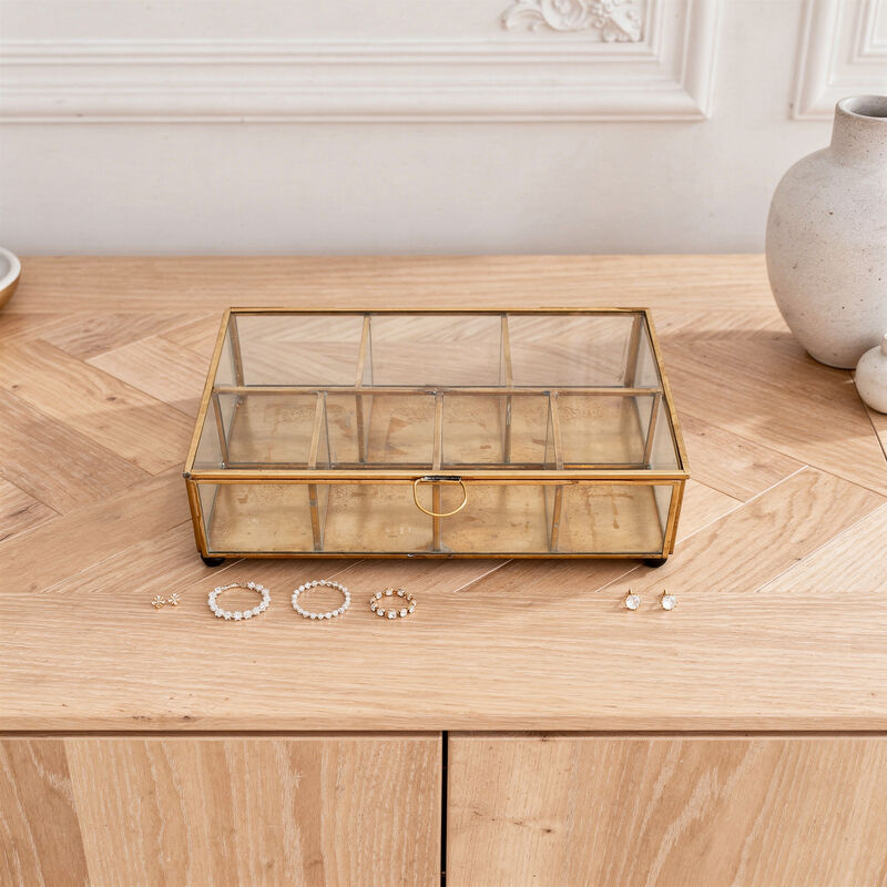 Boîte à bijoux rectangulaire 6 compartiments en métal doré mat et verre Mira