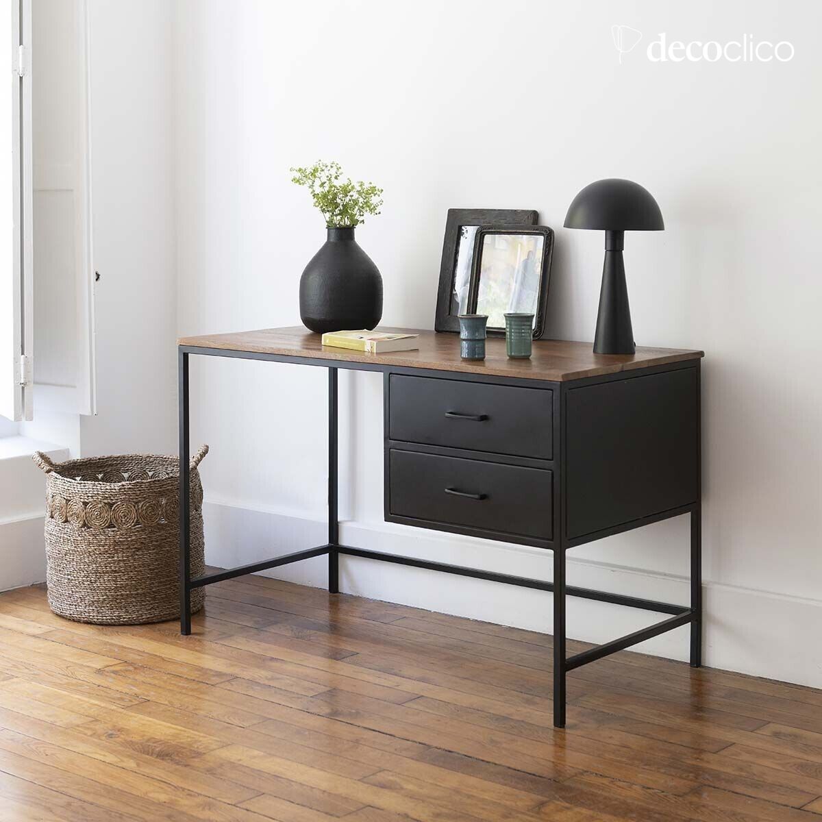 Bureau en métal noir mat et plateau en manguier 2 tiroirs Brooke