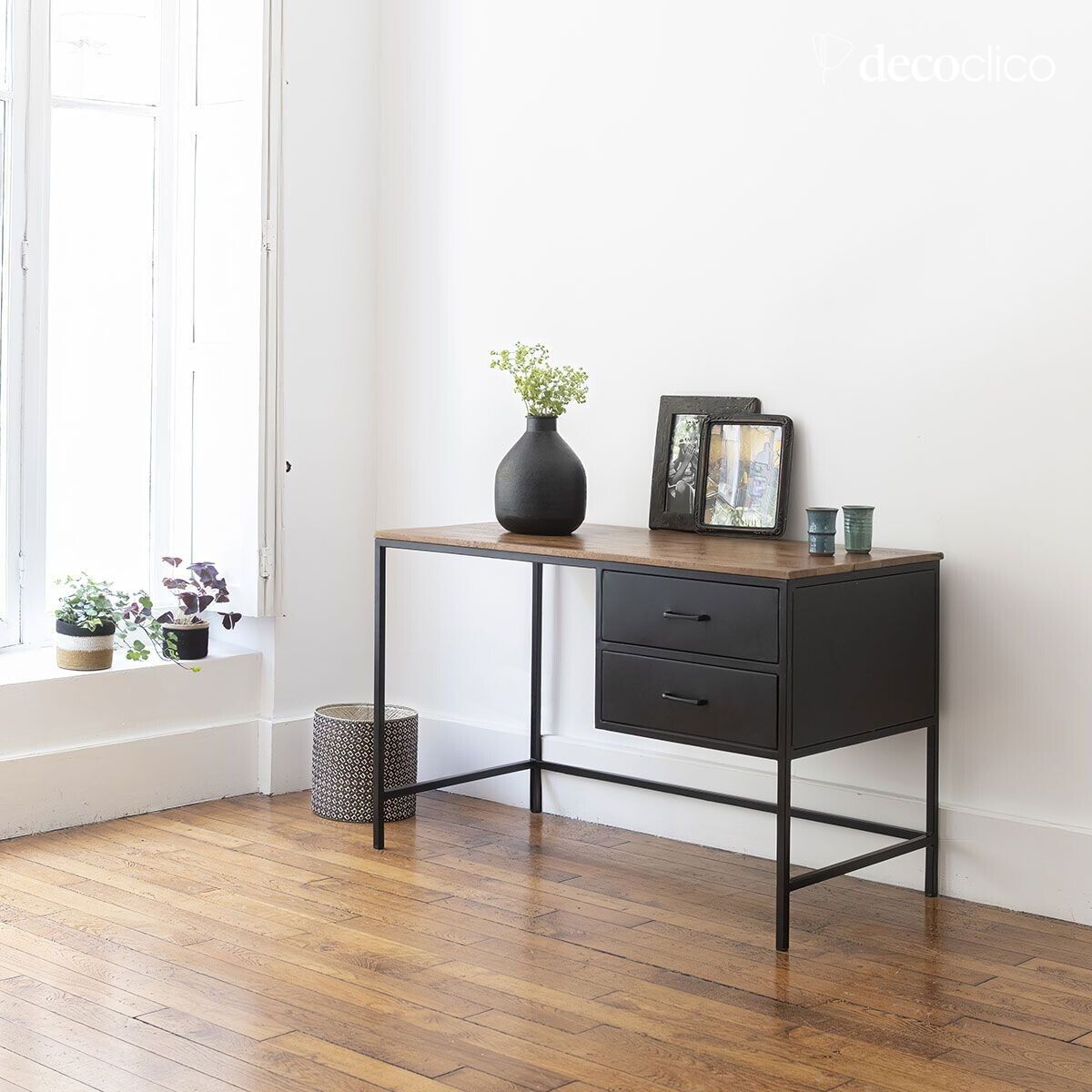 Bureau en métal noir mat et plateau en manguier 2 tiroirs Brooke