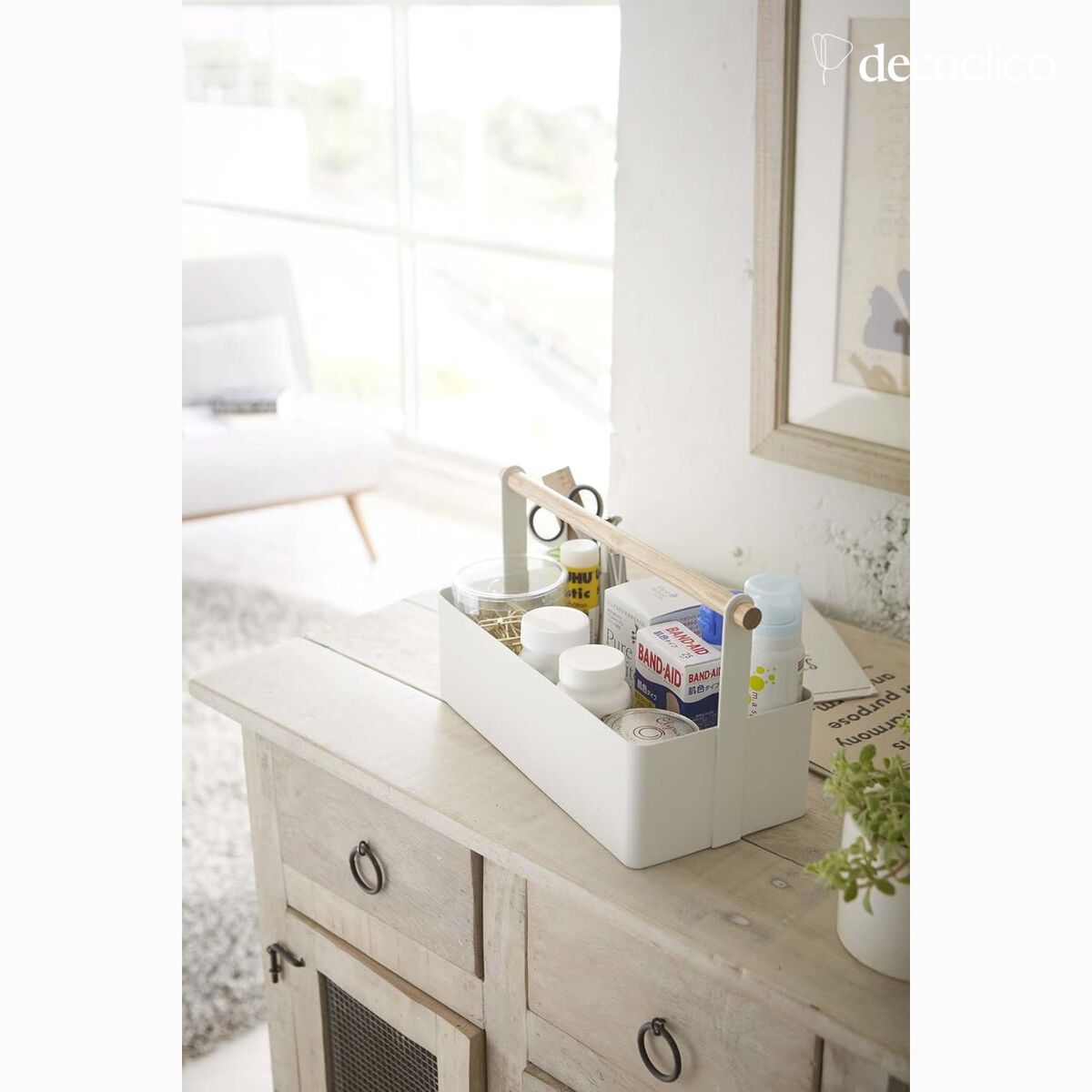 Caisse de rangement en acier blanc et anse en frêne naturel Tosca