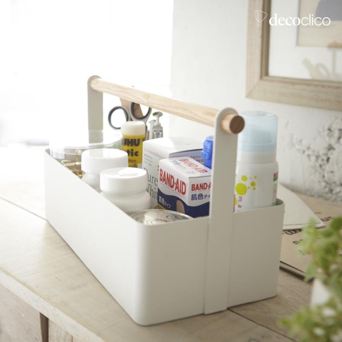 Caisse de rangement en acier blanc et anse en frêne naturel Tosca