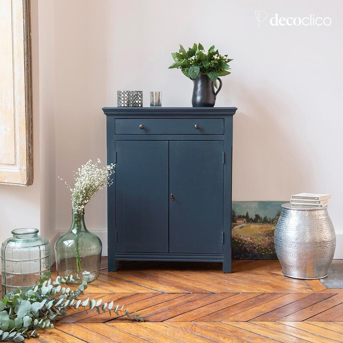 Credenza parigina 2 ante 1 cassetto in pino marittimo blu Léandre