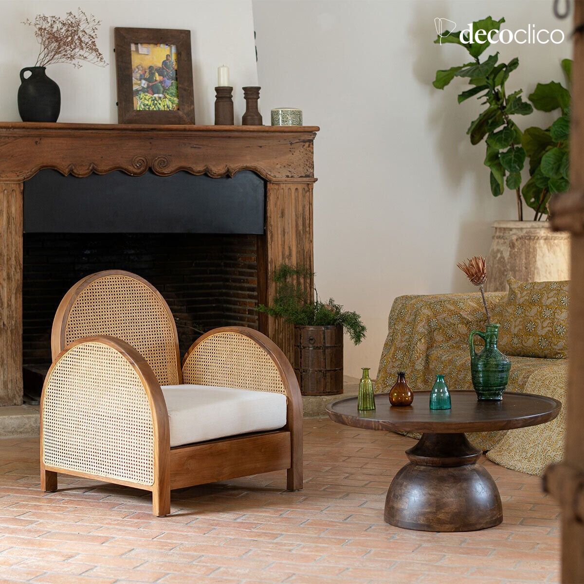 Fauteuil en teck et cannage rotin avec coussin d'assise Malaya