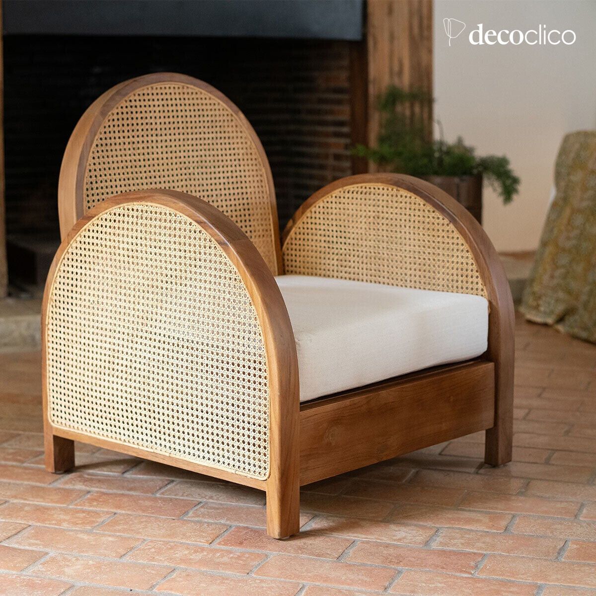 Fauteuil en teck et cannage rotin avec coussin d'assise Malaya