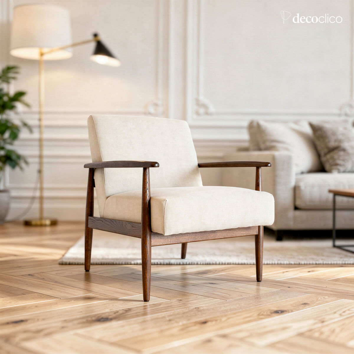 Fauteuil lounge en frêne teinté et tissu lin/coton beige Octave