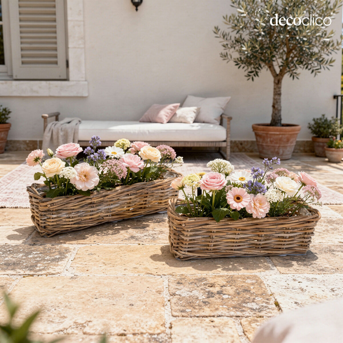 Lot de 2 jardinières de rambarde en rotin