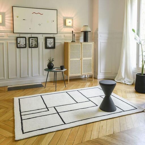Tapis 100% laine écru à motifs noirs tissé main – Bergen | Decoclico