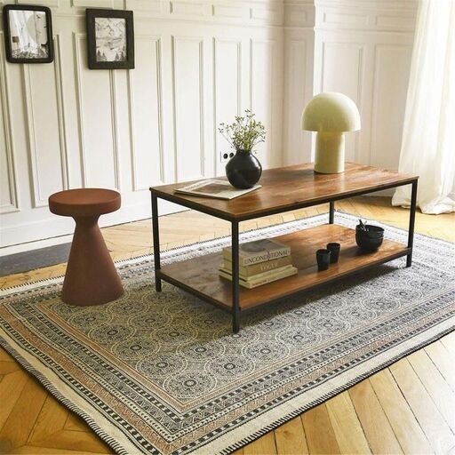 Tapis en coton imprimé motifs charbon sur fond écru tissé main Tambourin | Decoclico