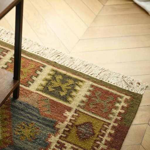 Tapis rectangulaire en coton et laine à motifs kilim colorés tissé main | Decoclico