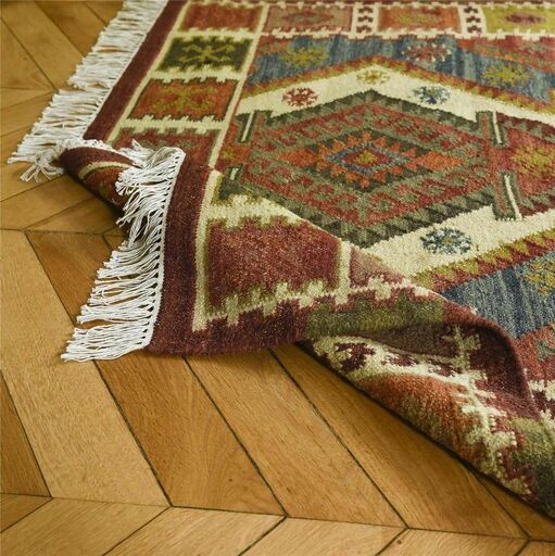 Tapis rectangulaire en coton et laine à motifs kilim colorés tissé main | Decoclico