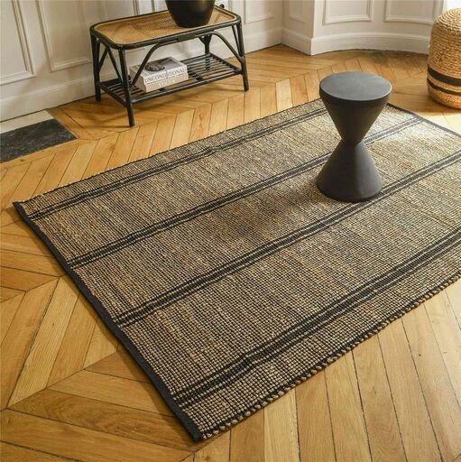 Tapis rectangulaire en jute et coton tressés écru et noir tissé main | Decoclico