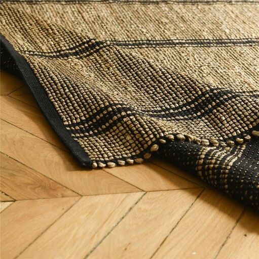 Tapis rectangulaire en jute et coton tressés écru et noir tissé main | Decoclico