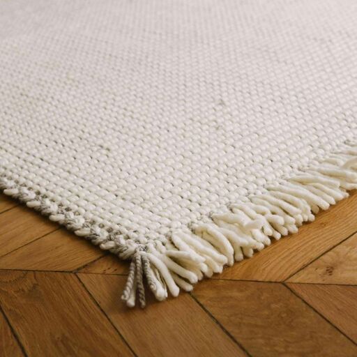 Tapis rectangulaire en laine tressée blanc cassé tissé main | Decoclico