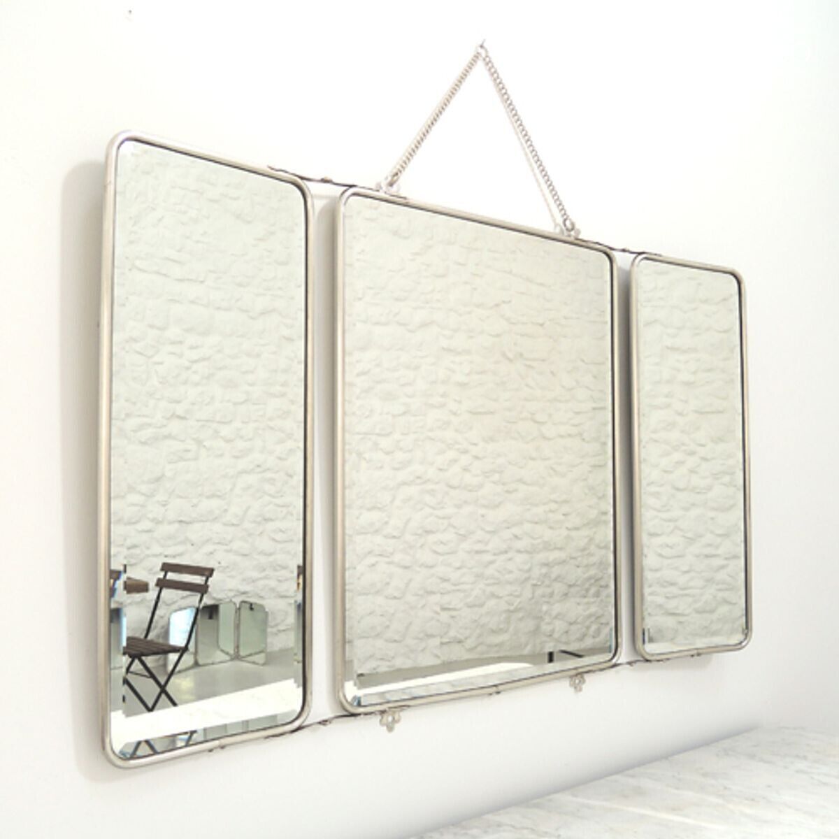 Miroir barbier 3 faces nickel argenté avec chaîne 87 x 55 cm Chaumont