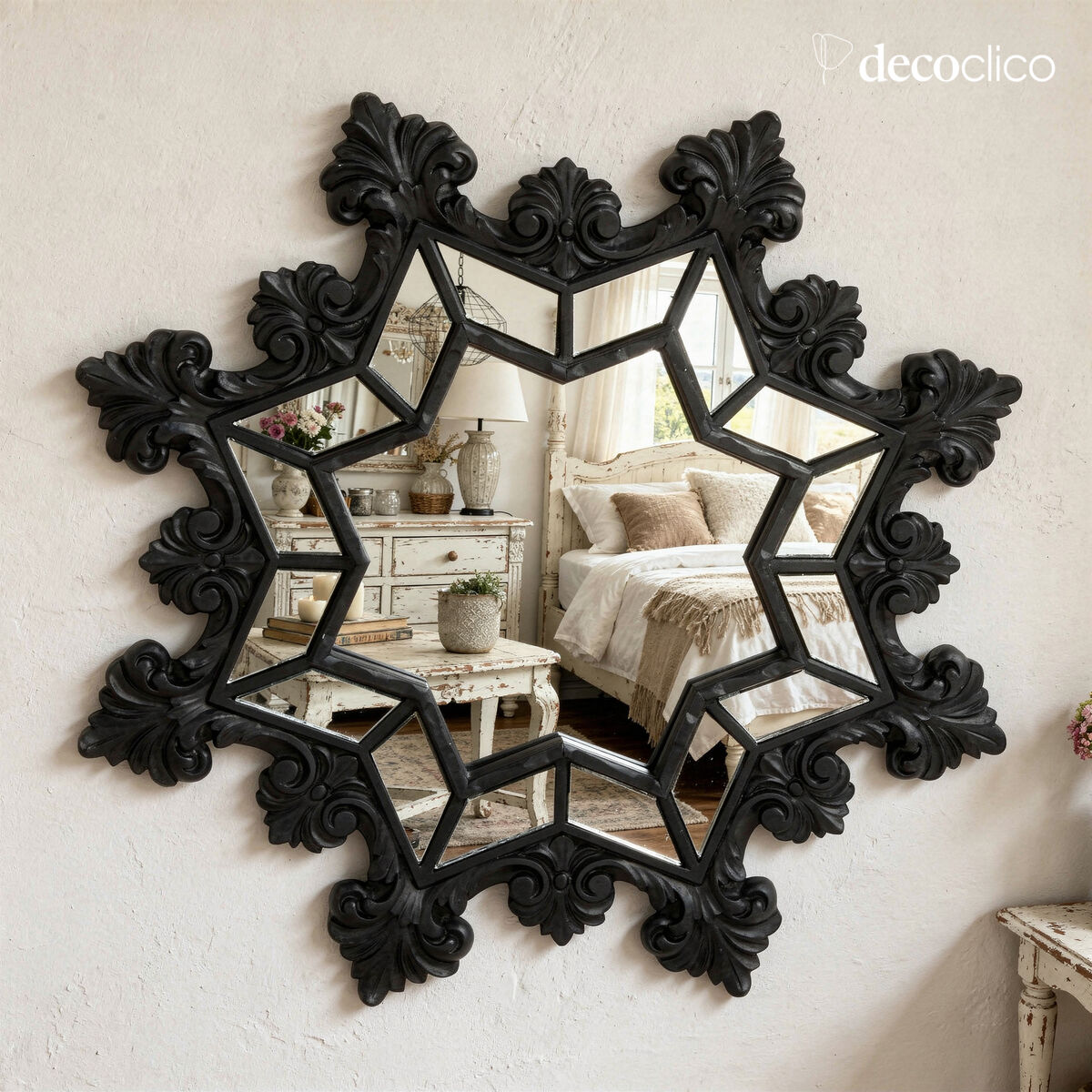 Miroir baroque octogonal forme flocon noir mat