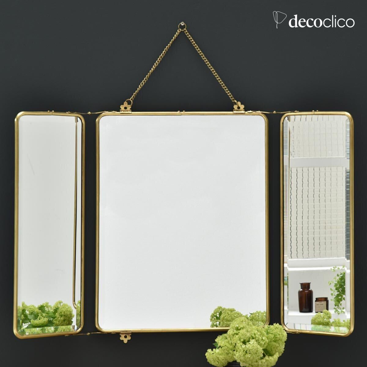 Miroir de barbier 3 faces en laiton avec chaîne 86 x 55 cm Chaumont