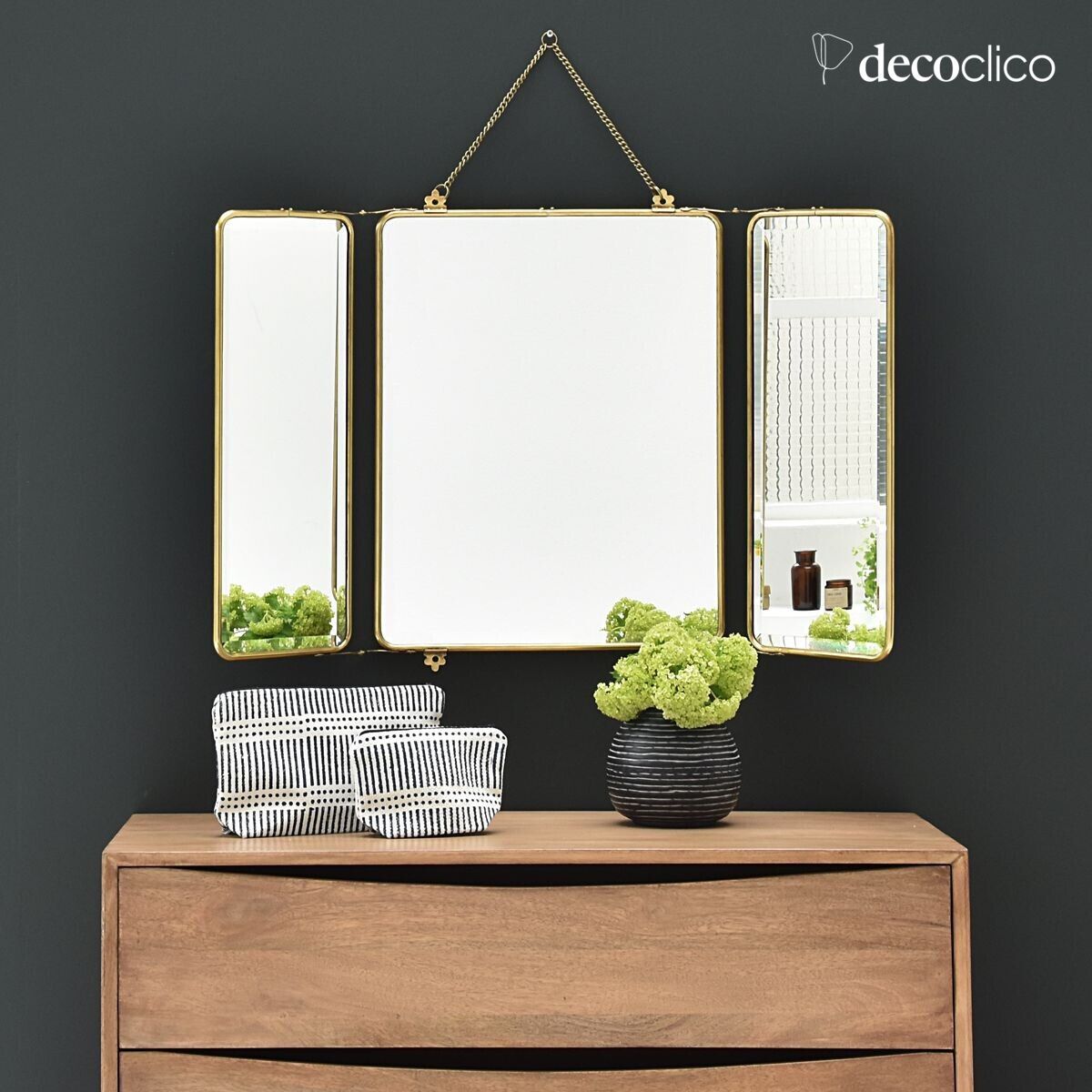 Miroir de barbier 3 faces en laiton avec chaîne 86 x 55 cm Chaumont