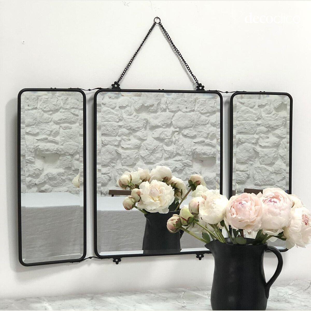 Miroir de barbier 3 faces en métal noir avec chaîne 87 x 55 cm Chaumont