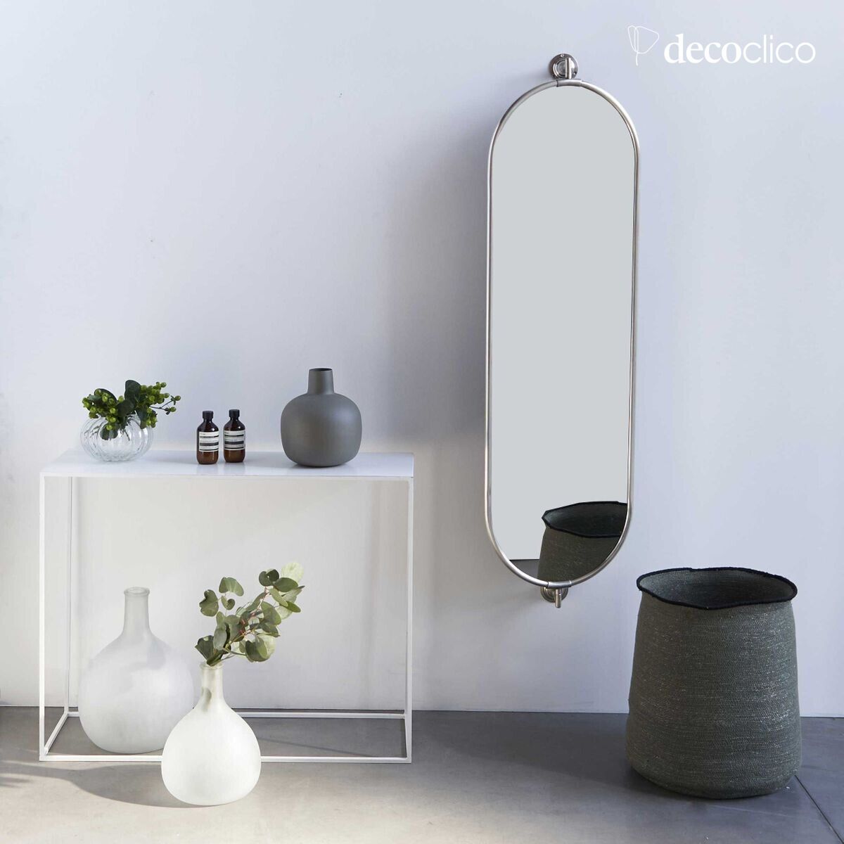 Miroir mural ovale haut inclinable en laiton argenté 145 x 40 cm Chaumont