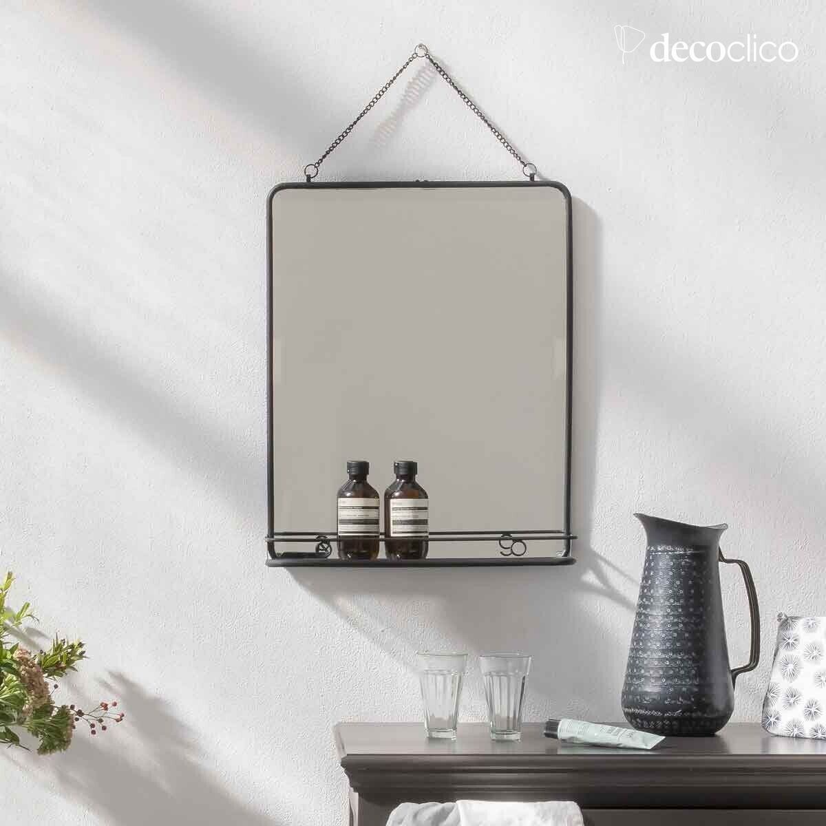 Miroir rectangulaire en métal noir avec étagère et chaîne 41 x 51 cm Chaumont