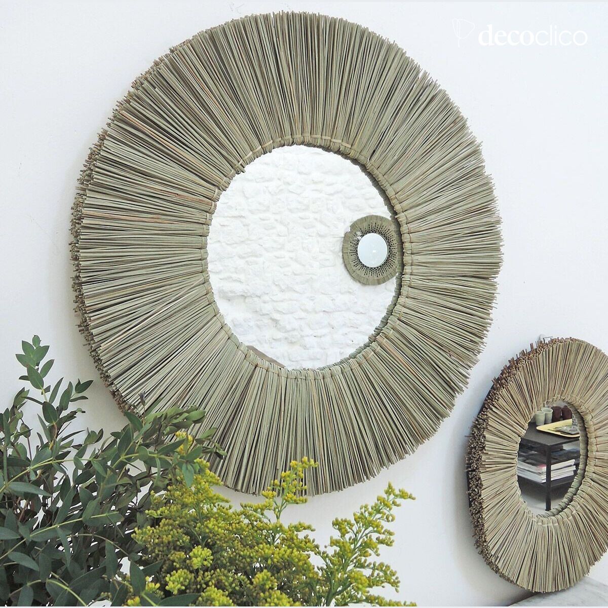 Miroir rond en paille de mendong 60 cm Sumba