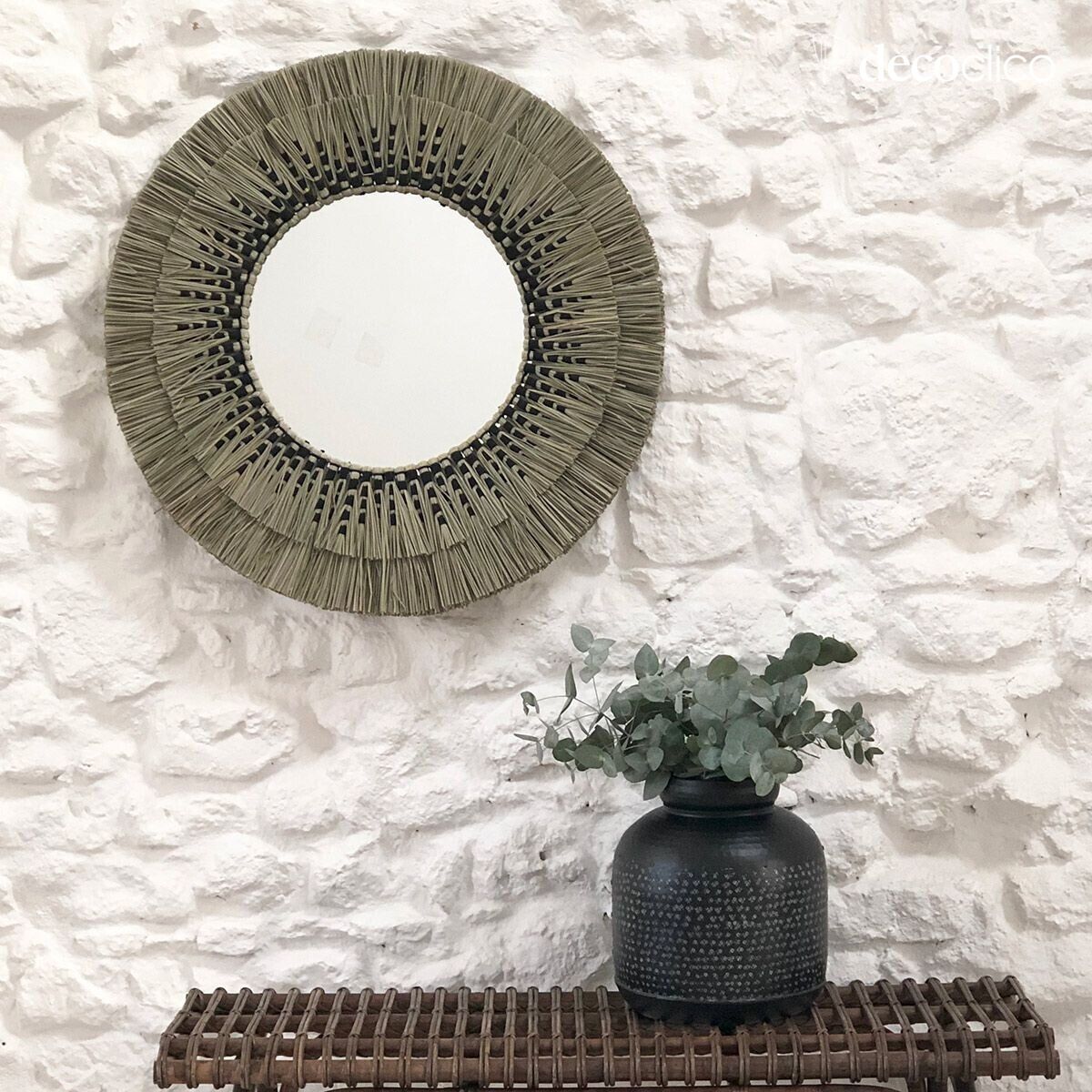 Miroir rond en paille de mendong naturel et noir 80 cm Sorong