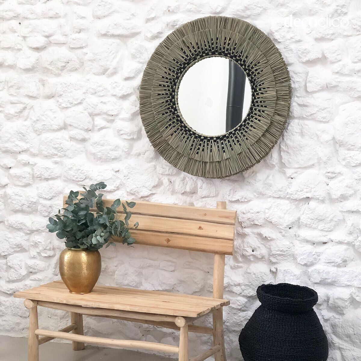 Miroir rond en paille de mendong naturel et noir 80 cm Sorong