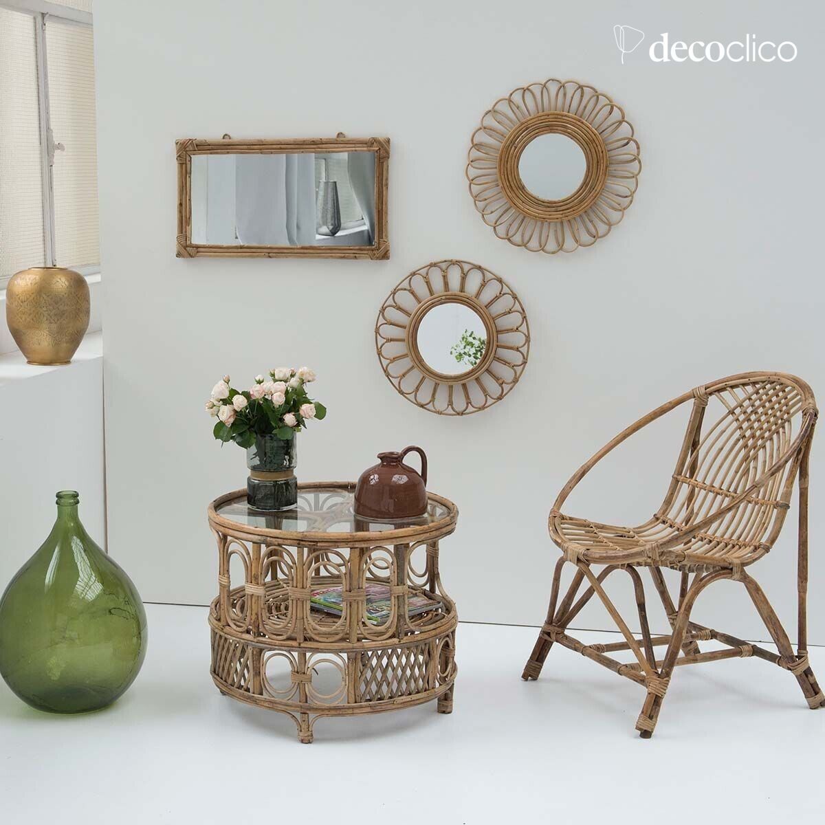 Miroir rond fleur vintage en rotin naturel 48 cm Moka