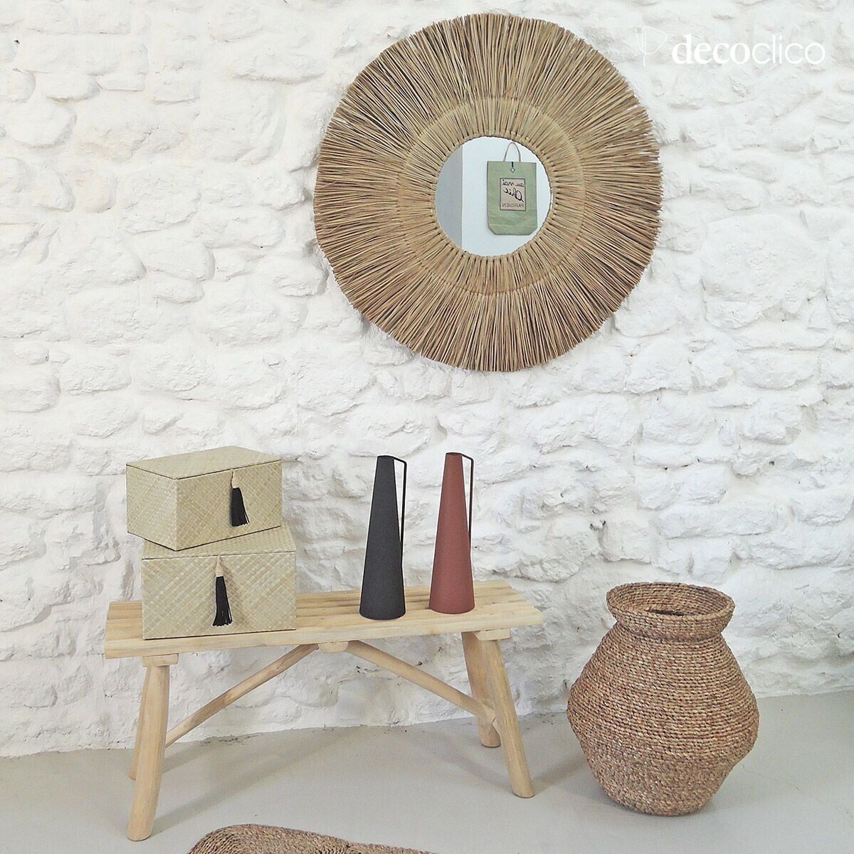 Miroir rond XL en paille de mendong 90 cm Sumba