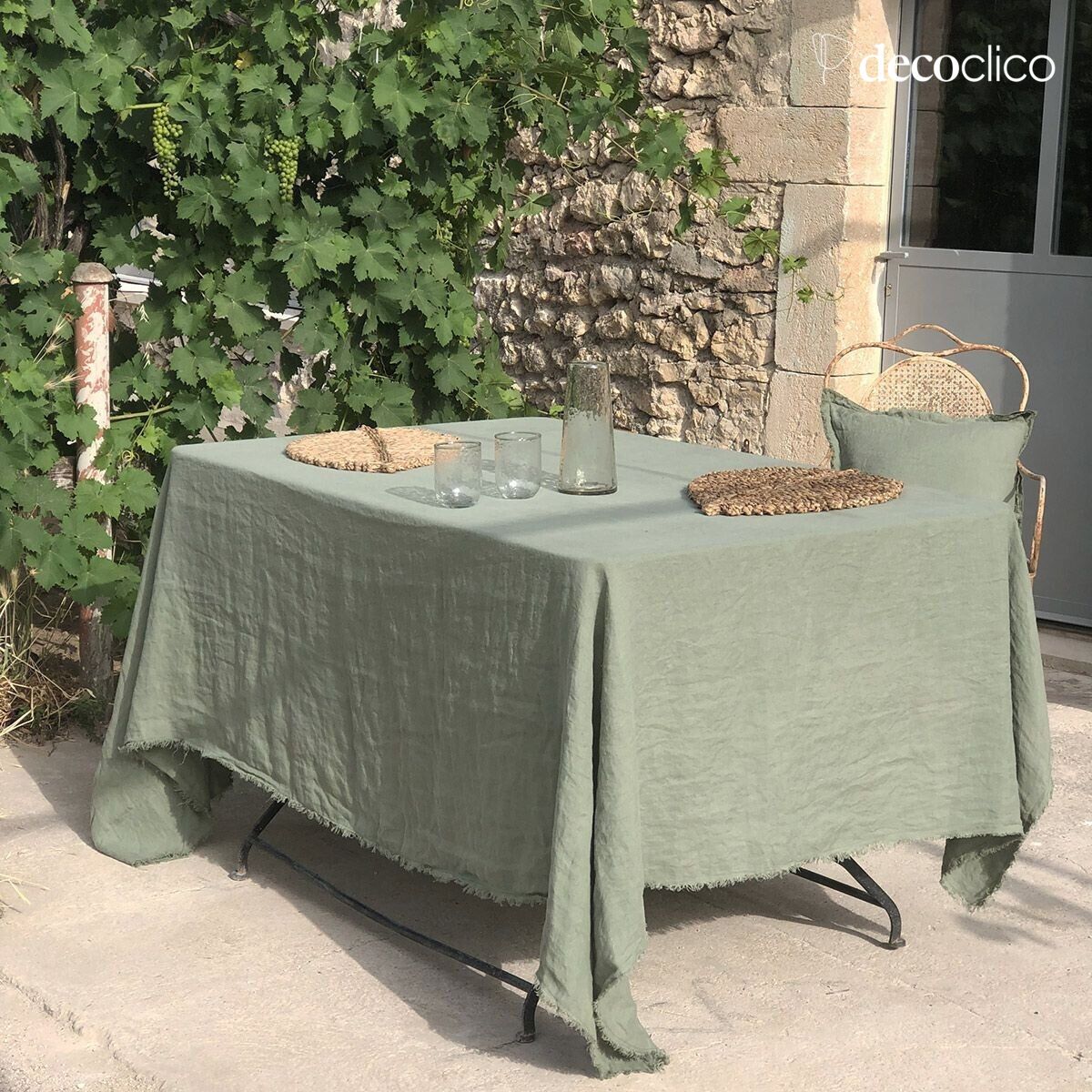 Nappe en chanvre lavé à franges vert fougère  - 170x250 cm Douro