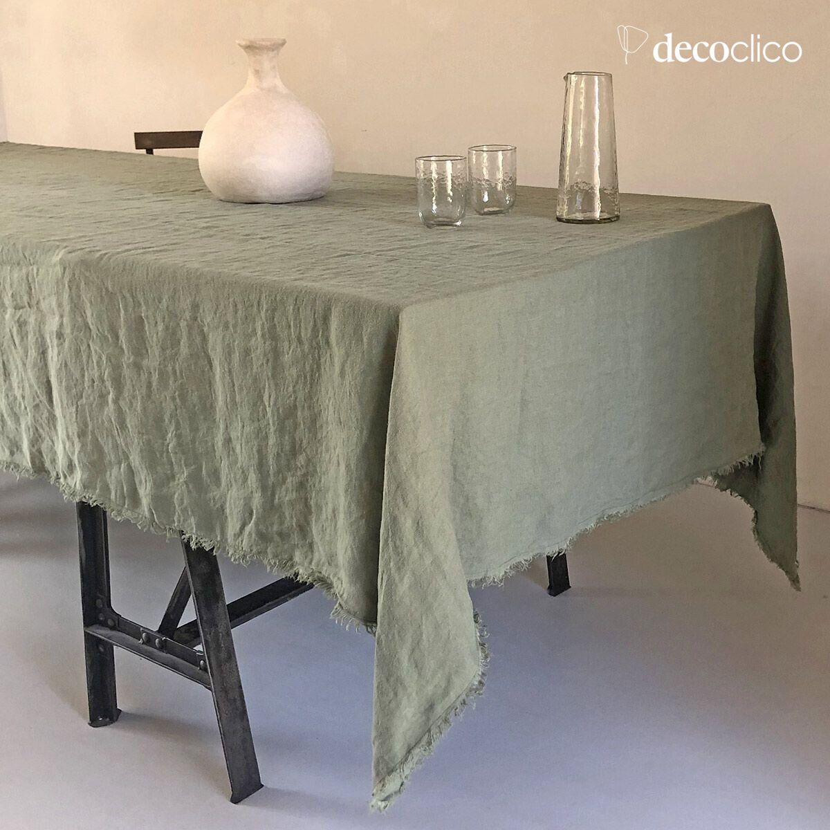 Nappe en chanvre lavé à franges vert fougère  - 170x250 cm Douro