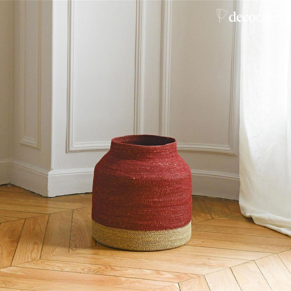 Panier en jonc de mer naturel et cerise Bayadère