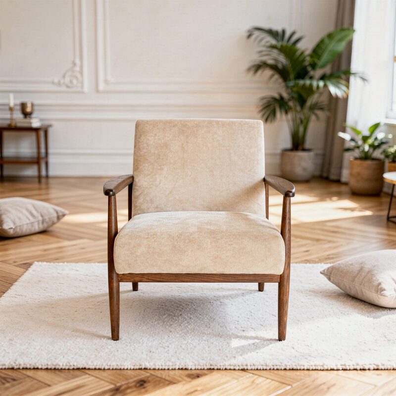 Poltrona in frassino e velluto a coste beige Octave