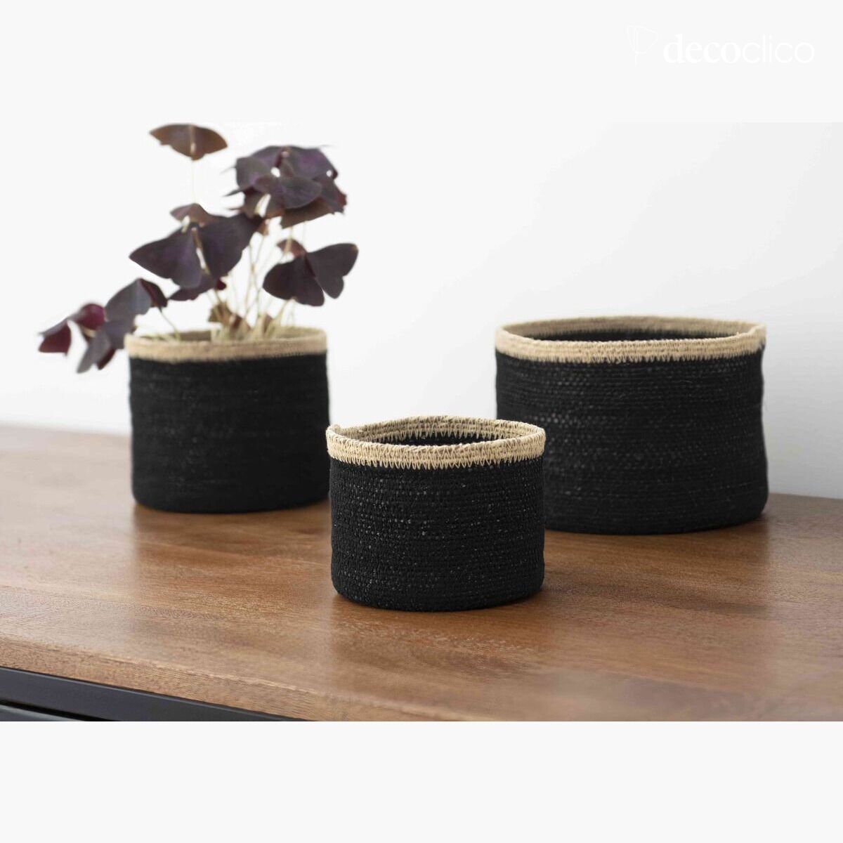 Set de 3 boîtes en jonc de mer noires à liseré naturel Bayadère