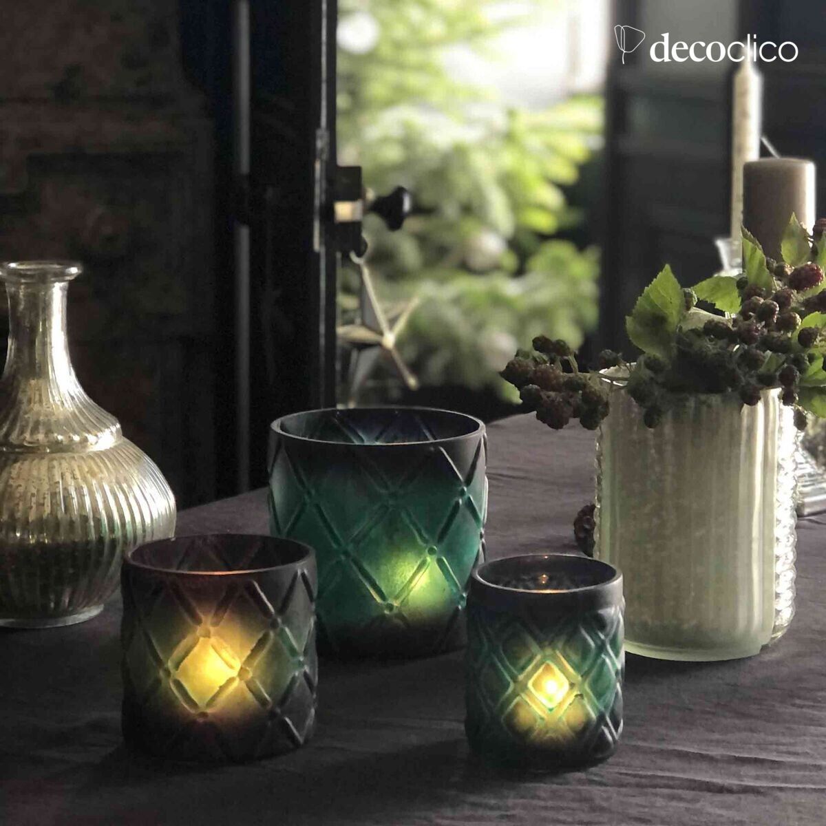 Set de 3 photophores en verre dépoli gravé vert