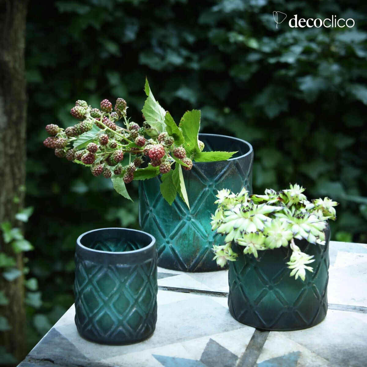 Set de 3 photophores en verre dépoli gravé vert