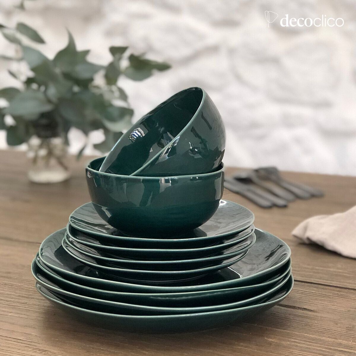 Set de 4 assiettes plates en céramique vert anglais  Lagune