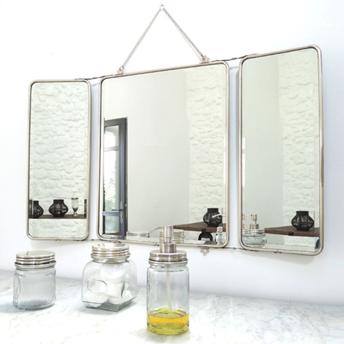 Specchio da barbiere a 3 facce nichelato argento con catena 87 x 55 cm Chaumont