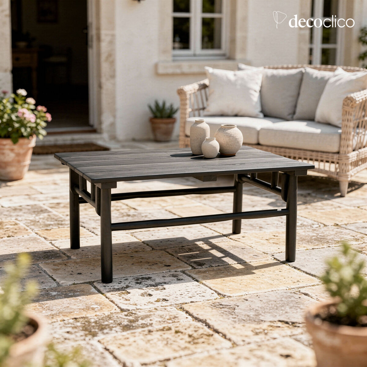 Table basse rectangulaire en bois de teck teinté noir mat Pepper