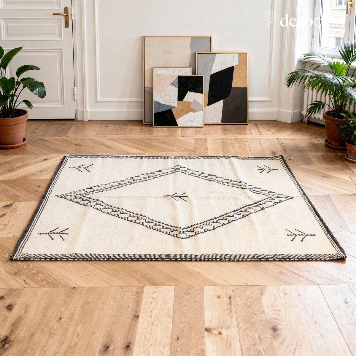 Tapis en laine écru à motif noir tissé main 140 x 200 cm Bergen