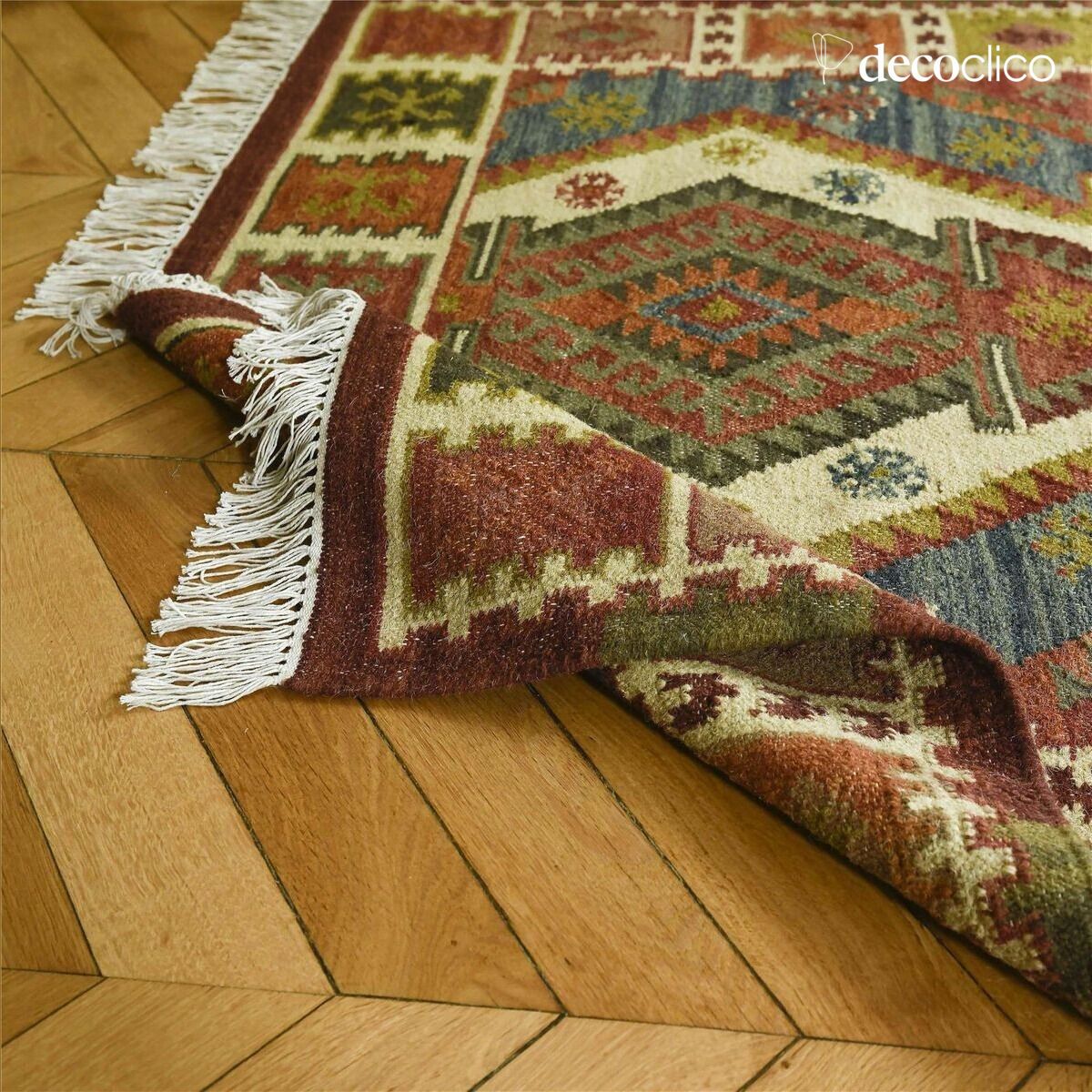 Tapis rectangulaire en coton et laine à motifs kilim colorés tissé main 140 x 200 Fro