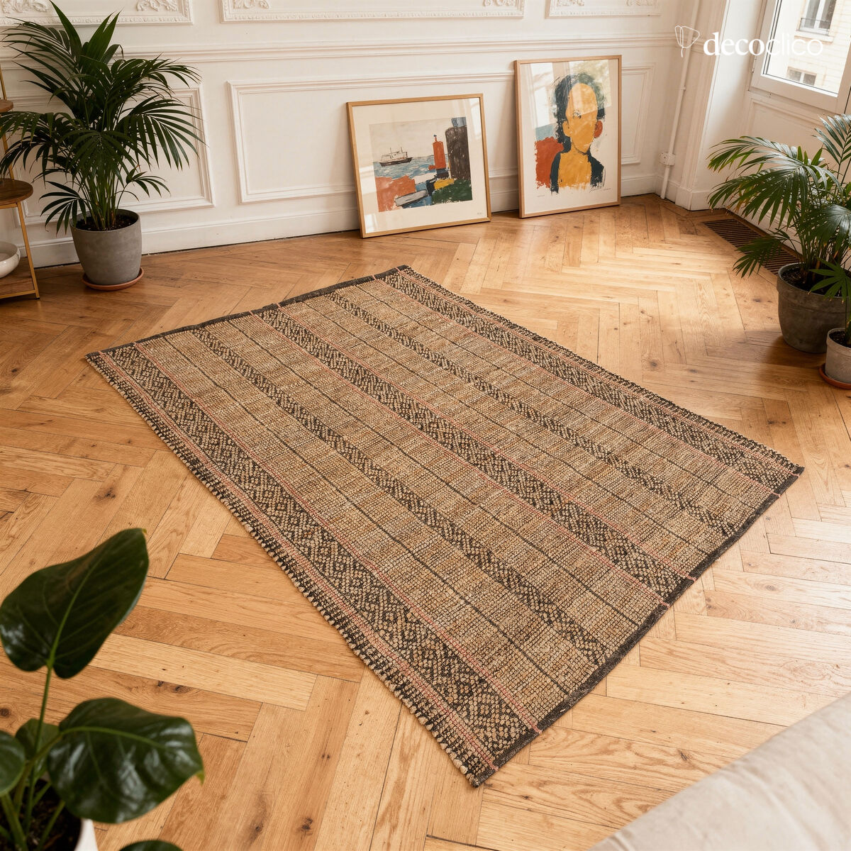 Tapis rectangulaire en jute naturel et coton noir tissé main 160 x 230 cm Vaiana