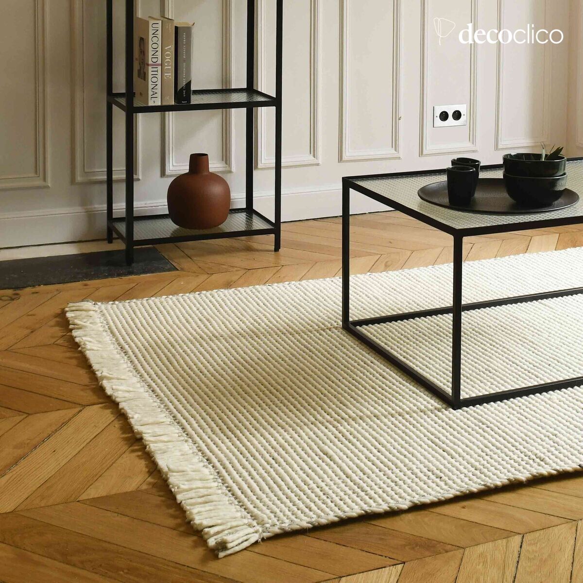 Tapis rectangulaire en laine tressée écrue et grise tissé main 140 x 200 cm Fro