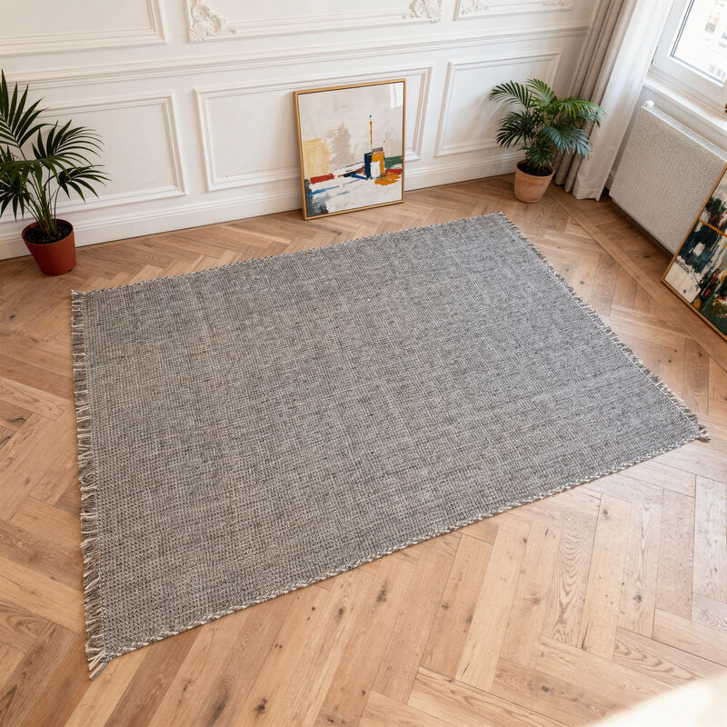 Tapis rectangulaire en laine tressée écrue et grise tissé main 200 x 300 cm Mickey